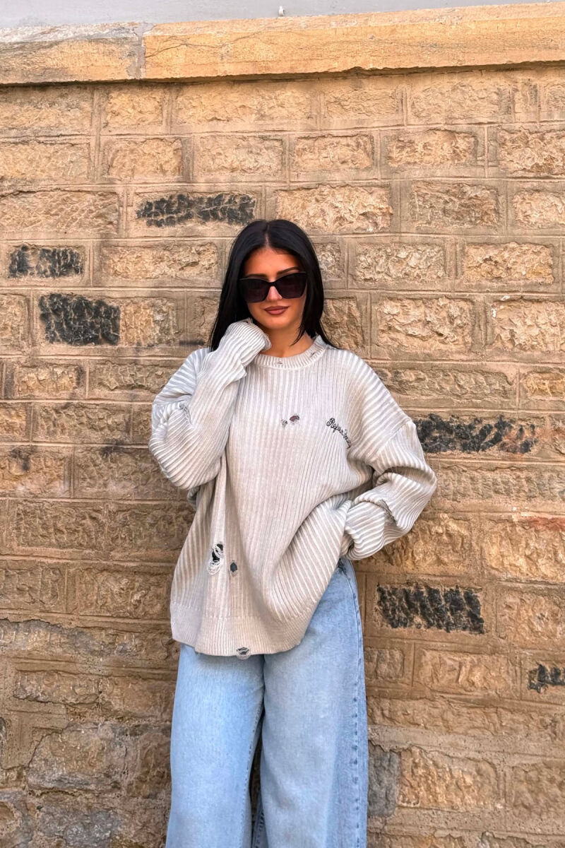 ONE COLOR DISTRESSED WOMEN SWEATER LIGHT GREY/GZ - 3