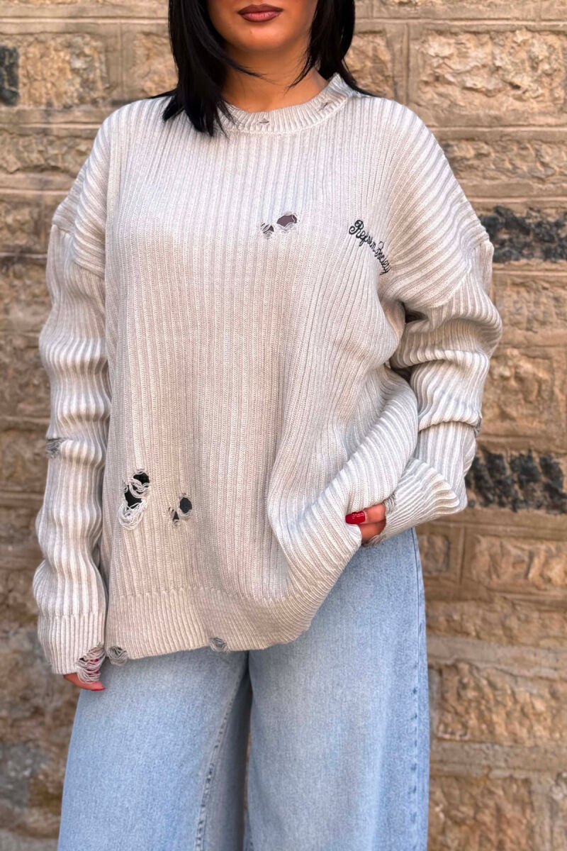 ONE COLOR DISTRESSED WOMEN SWEATER LIGHT GREY/GZ - 4