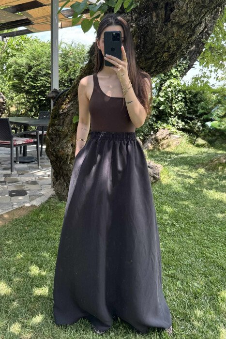 ONE COLOR EALSTIC SIMPLE LONG WOMEN SKIRT BLACK/ E ZEZE - 3