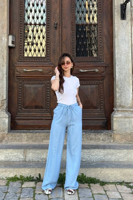 ONE COLOR ELASTIC BELT LACING DETAIL WOMAN TROUSERS BABY BLUE/BLU BY - 1