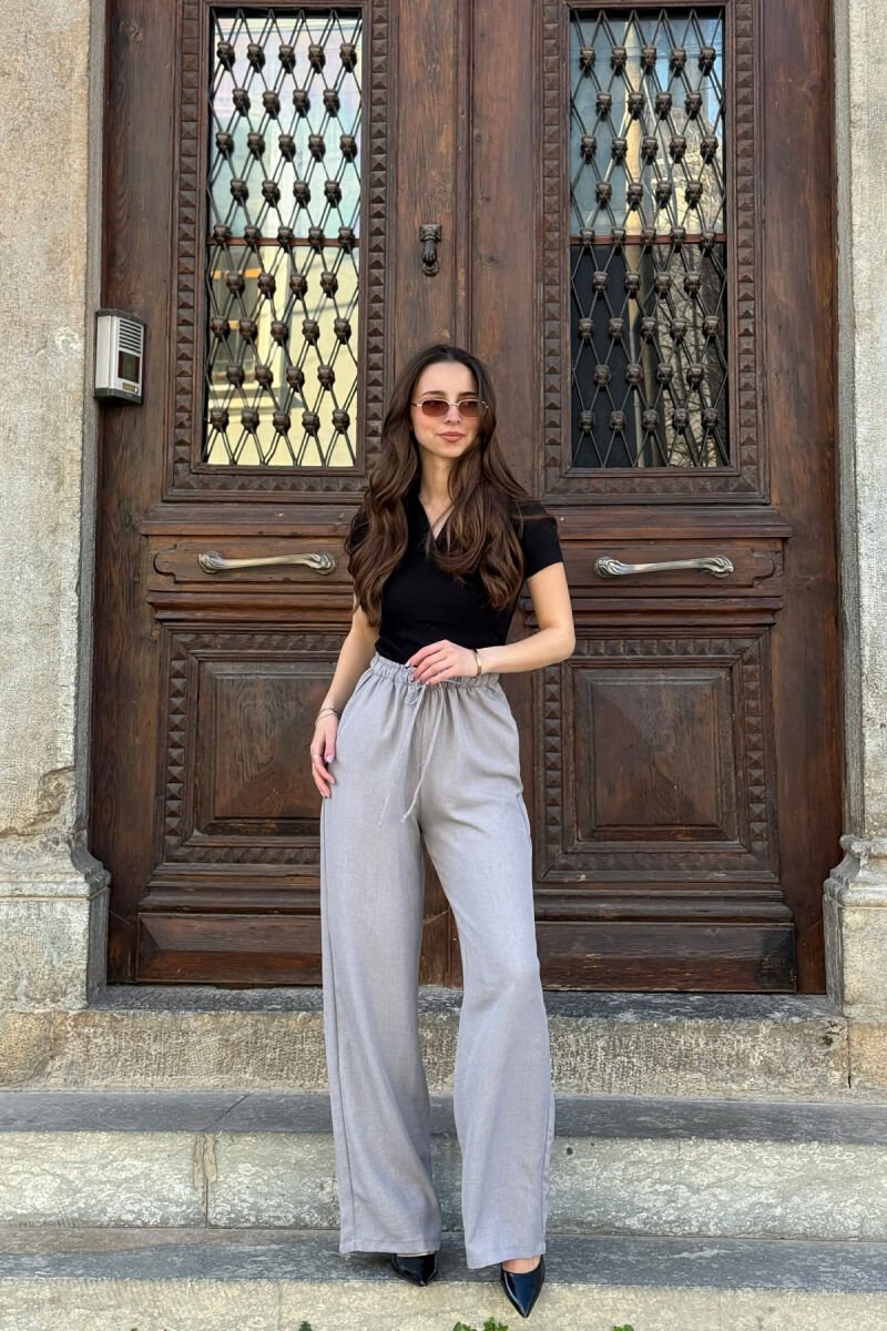 ONE COLOR ELASTIC BELT LACING DETAIL WOMAN TROUSERS GREY/GRI - 5