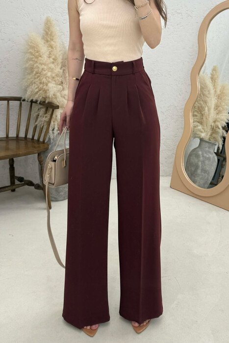 ONE COLOR ELASTIC BELT WIDE LEG WOMAN TROUSERS BURGUNDY/VISHNJE - KLAUDIO FASHION