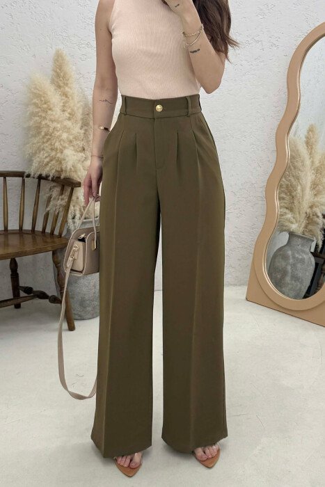 ONE COLOR ELASTIC BELT WIDE LEG WOMAN TROUSERS OLIVE/ULLI - KLAUDIO FASHION