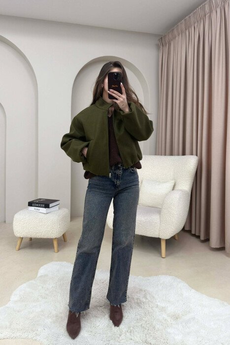 ONE COLOR ELASTIC BELT WOMAN COAT GREEN/JESHILE - 2