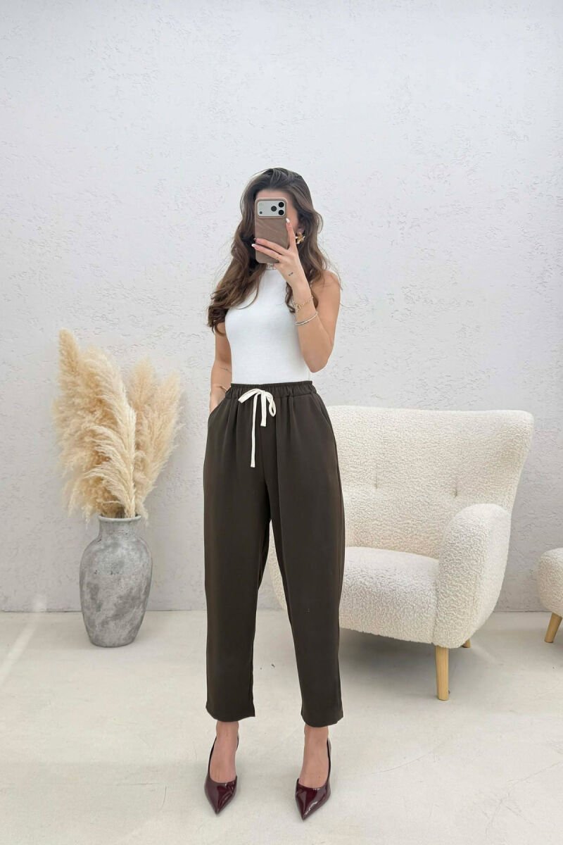 ONE COLOR ELASTIC WAIST WOMAN TROUSERS BROWN/KAFE - 1