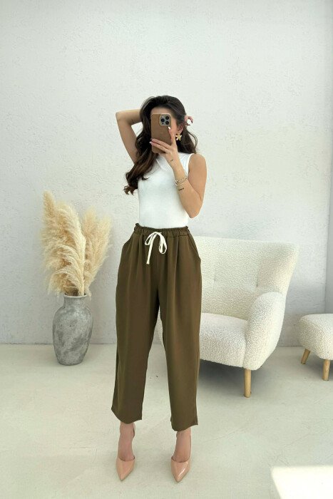ONE COLOR ELASTIC WAIST WOMAN TROUSERS OLIVE/ULLI - 1