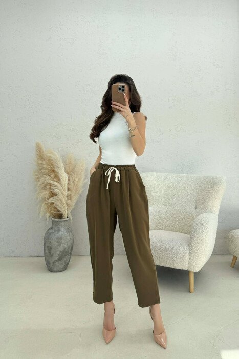 ONE COLOR ELASTIC WAIST WOMAN TROUSERS OLIVE/ULLI - 5