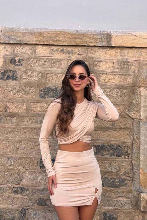 ONE COLOR ELASTIC CROP TOP+SKIRT WOMEN SET BEIGE/BEZHE - 2