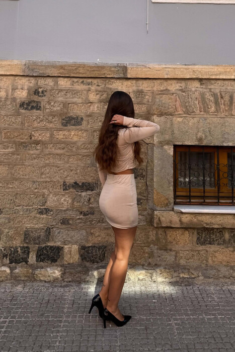 ONE COLOR ELASTIC CROP TOP+SKIRT WOMEN SET BEIGE/BEZHE - 4