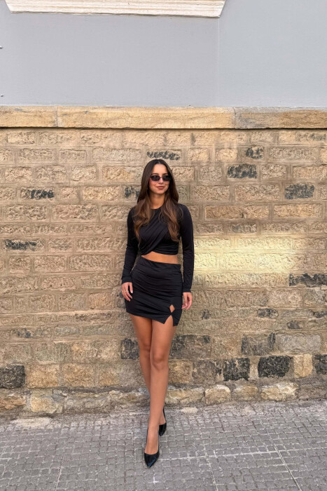 ONE COLOR ELASTIC CROP TOP+SKIRT WOMEN SET BLACK/ E ZEZE - 5