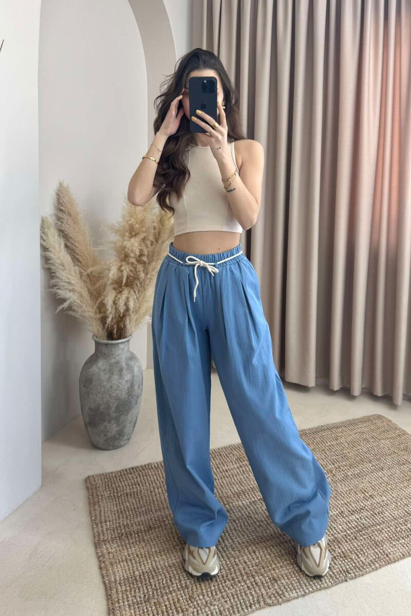 ONE COLOR ELASTIC LACING WAIST WOMEN TROUSERS LIGHTBLUE/BZ - 1