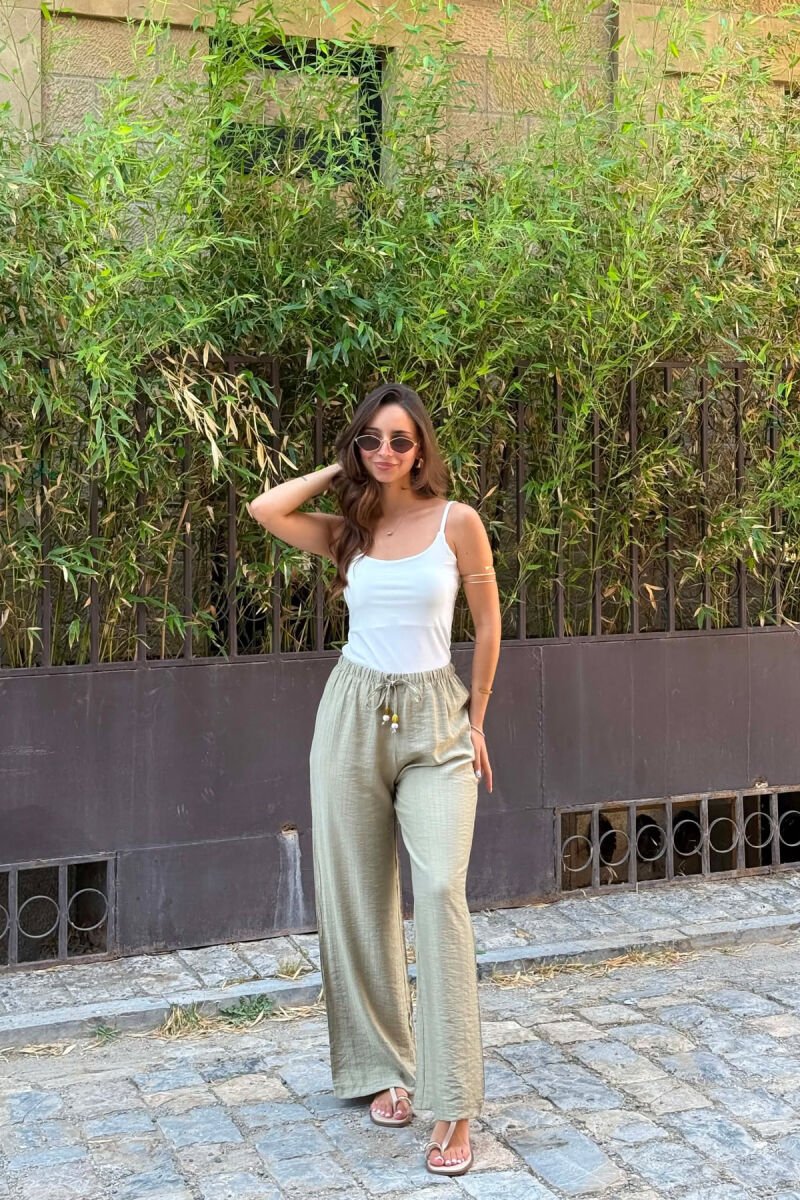 ONE COLOR ELASTIC LACING WAIST WOMEN TROUSERS OLIVE/ULLI - 2