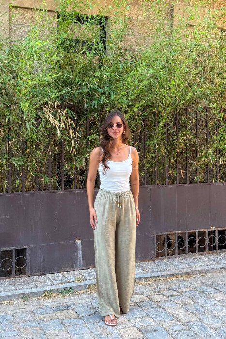 ONE COLOR ELASTIC LACING WAIST WOMEN TROUSERS OLIVE/ULLI - 5