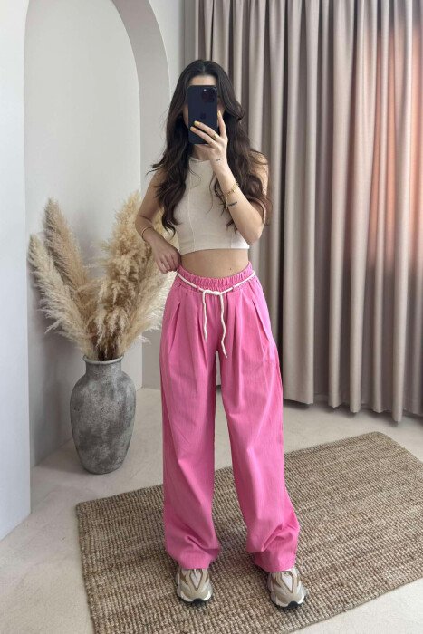 ONE COLOR ELASTIC LACING WAIST WOMEN TROUSERS PINK/ROZE - 1