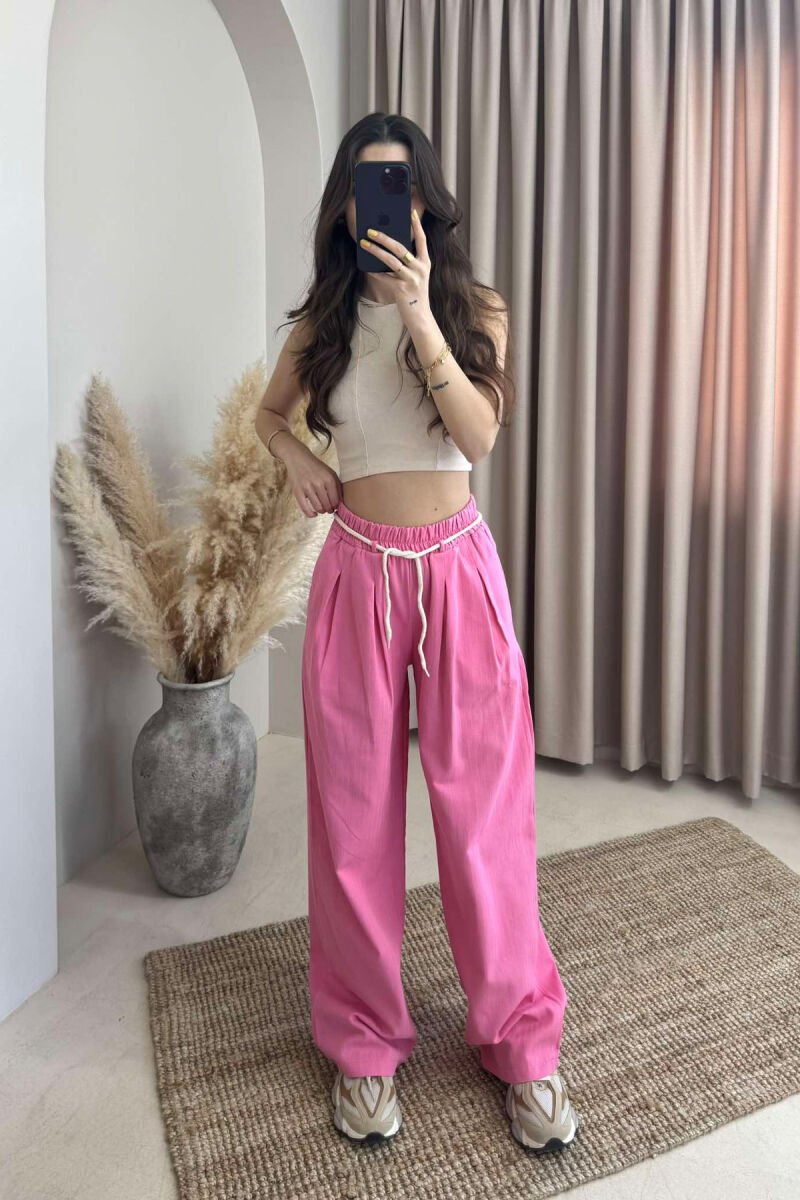 ONE COLOR ELASTIC LACING WAIST WOMEN TROUSERS PINK/ROZE - 1