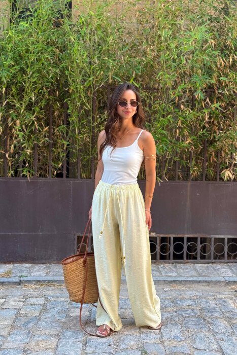 ONE COLOR ELASTIC LACING WAIST WOMEN TROUSERS YELLOW/E VERDHE - 3