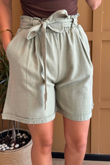 ONE COLOR ELASTIC WAIST LACING DETAIL WOMAN SHORTS OLIVE/ULLI - 3
