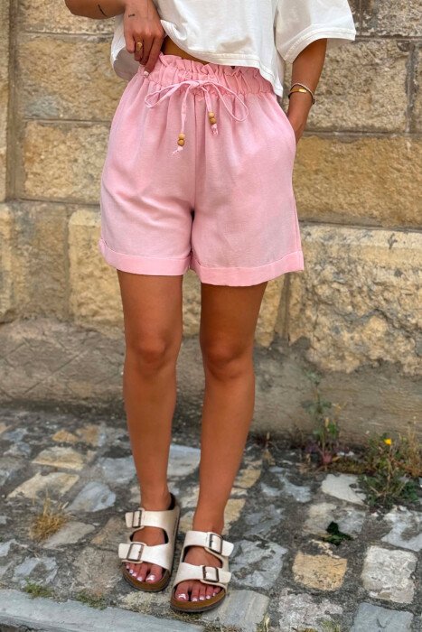 ONE COLOR ELASTIC WAIST LACING DETAIL WOMAN SHORTS PINK/ROZE - 3