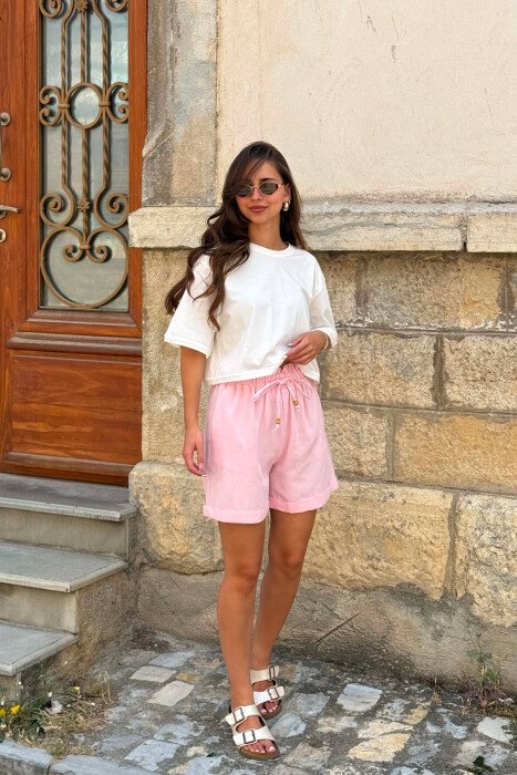 ONE COLOR ELASTIC WAIST LACING DETAIL WOMAN SHORTS PINK/ROZE - 5