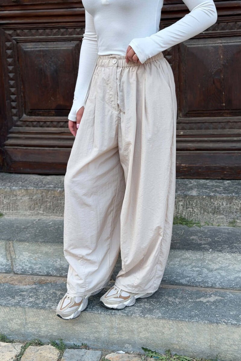 ONE COLOR ELASTIC WAIST LACING DETAIL WOMAN TROUSERS BEIGE/BEZHE - 4