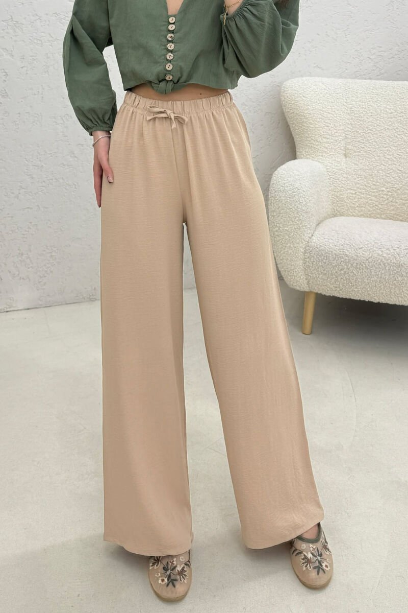 ONE COLOR ELASTIC WAIST LACING WOMAN TROUSERS BEIGE/BEZHE - 1