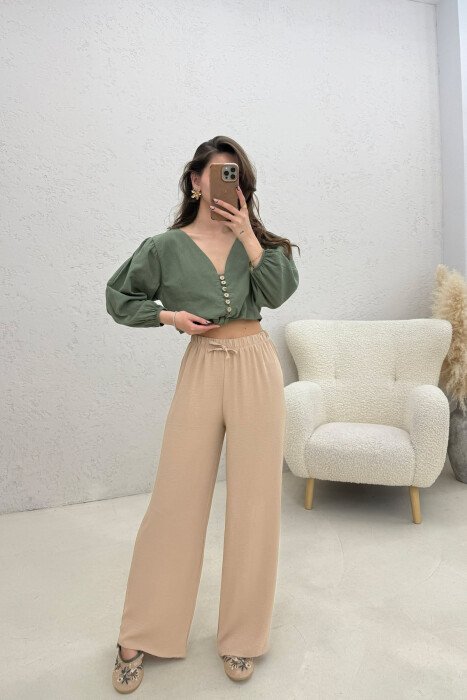 ONE COLOR ELASTIC WAIST LACING WOMAN TROUSERS BEIGE/BEZHE - 2