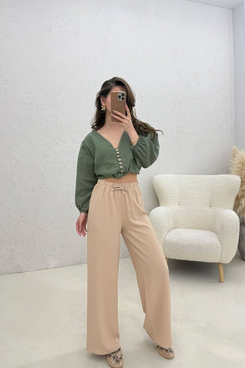 ONE COLOR ELASTIC WAIST LACING WOMAN TROUSERS BEIGE/BEZHE - 3
