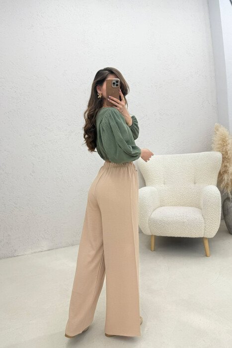 ONE COLOR ELASTIC WAIST LACING WOMAN TROUSERS BEIGE/BEZHE - 4