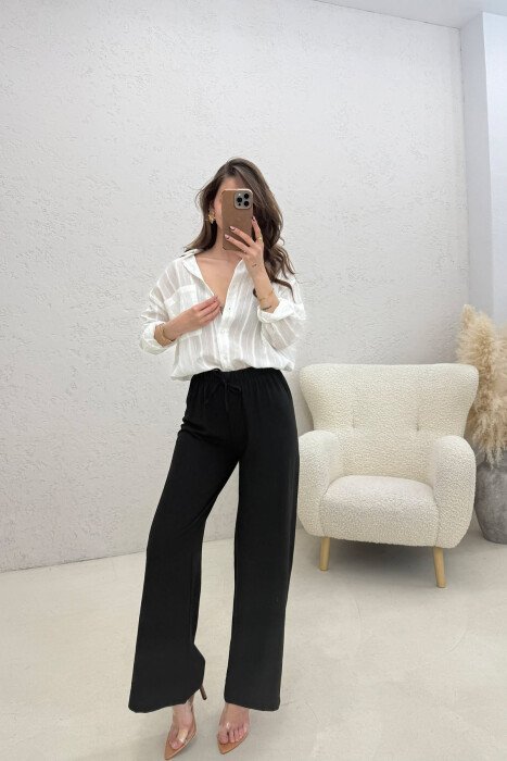 ONE COLOR ELASTIC WAIST LACING WOMAN TROUSERS BLACK/ E ZEZE - 2
