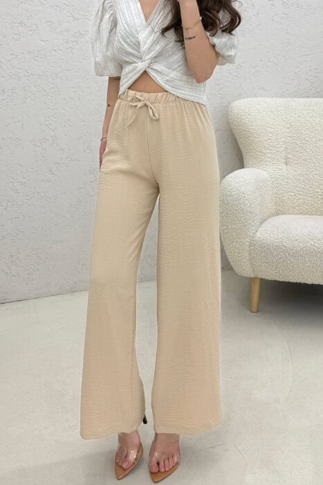 ONE COLOR ELASTIC WAIST LACING WOMAN TROUSERS CREAM/KREM - 1