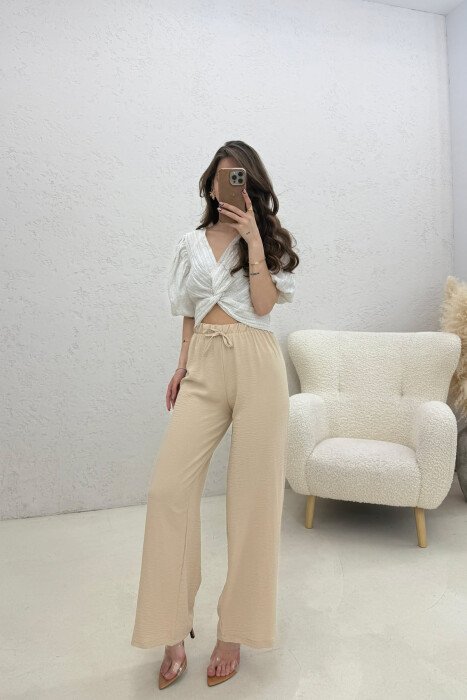 ONE COLOR ELASTIC WAIST LACING WOMAN TROUSERS CREAM/KREM - 2