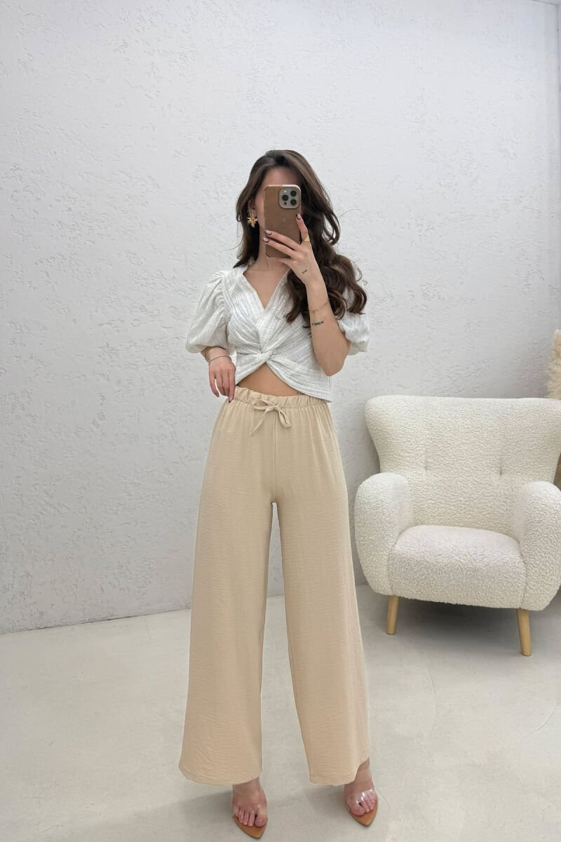 ONE COLOR ELASTIC WAIST LACING WOMAN TROUSERS CREAM/KREM - 3