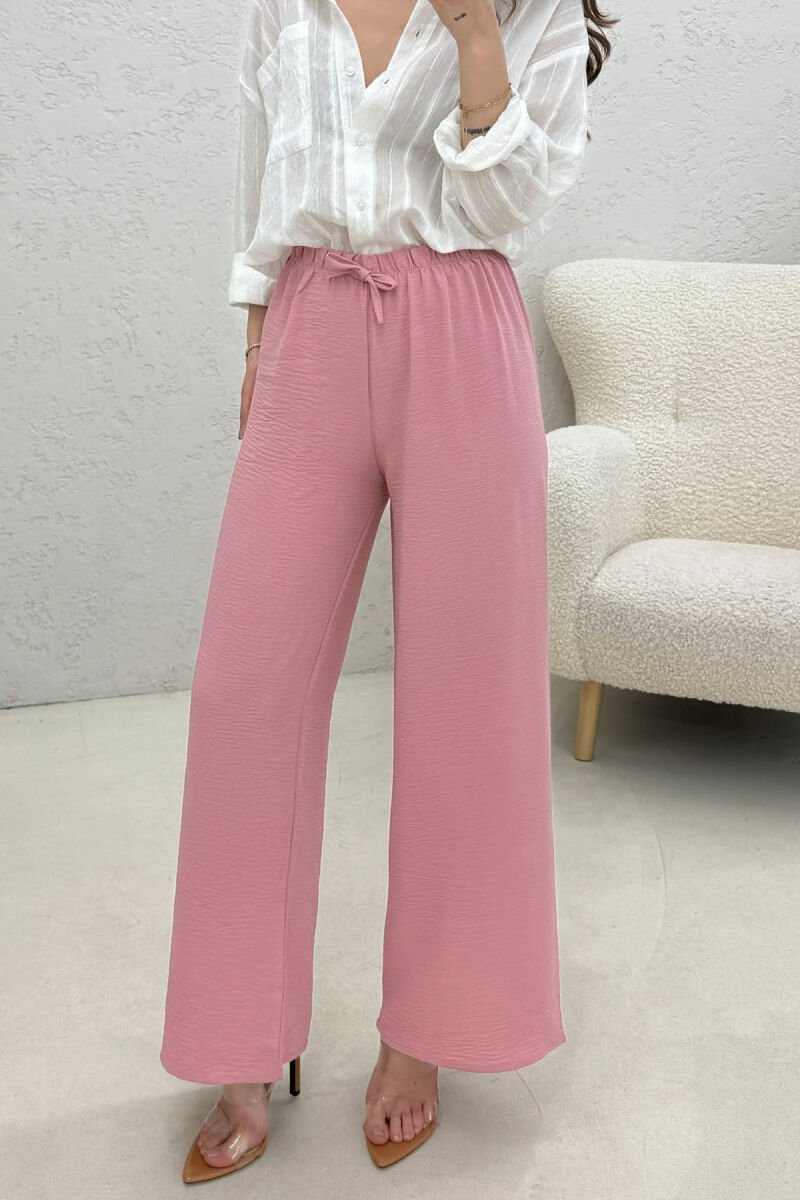 ONE COLOR ELASTIC WAIST LACING WOMAN TROUSERS POWDER/PUDER - 1