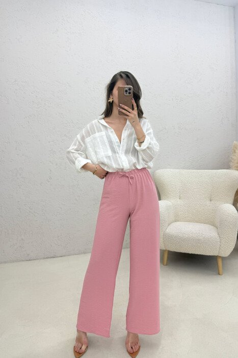 ONE COLOR ELASTIC WAIST LACING WOMAN TROUSERS POWDER/PUDER - 2