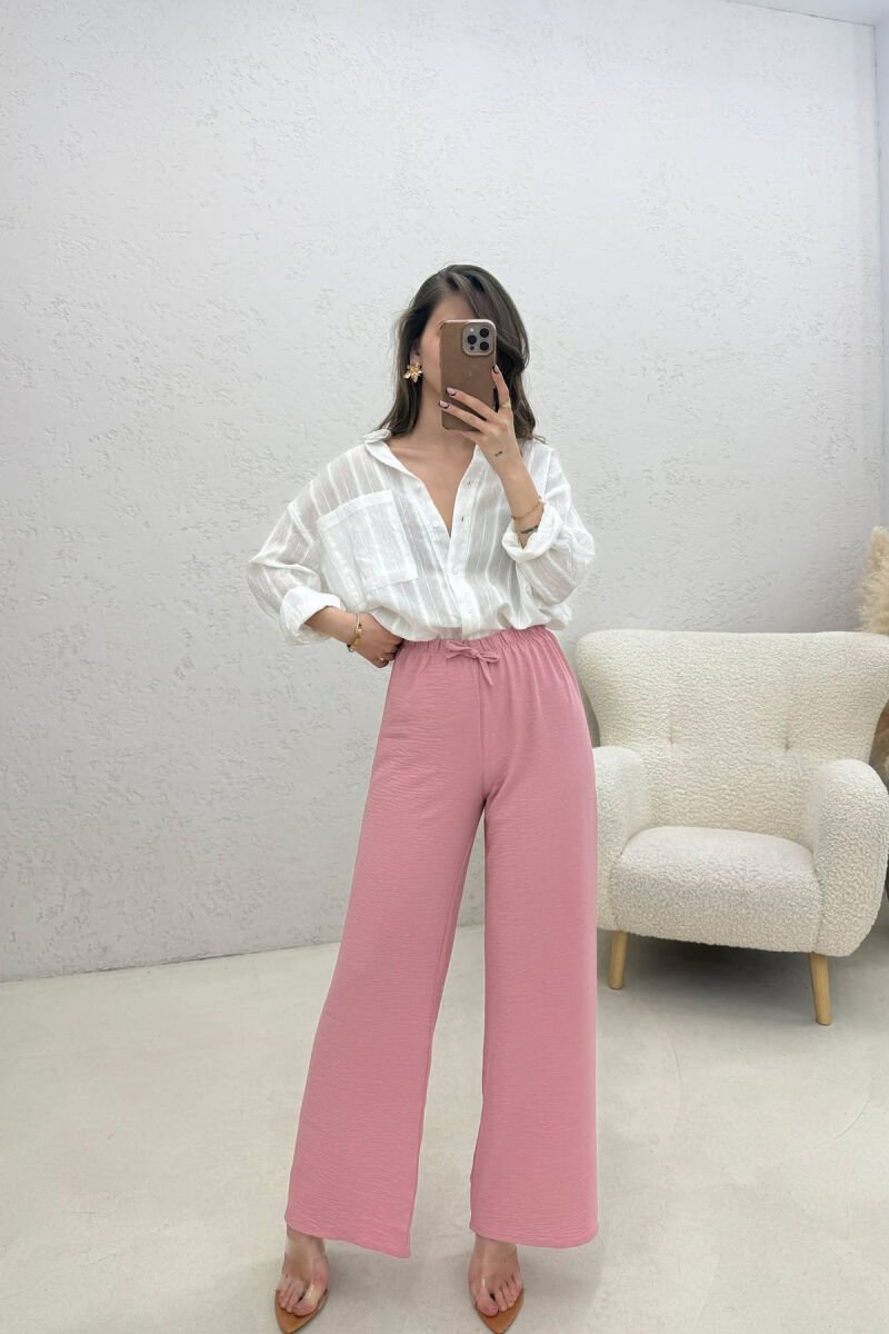 ONE COLOR ELASTIC WAIST LACING WOMAN TROUSERS POWDER/PUDER - 2
