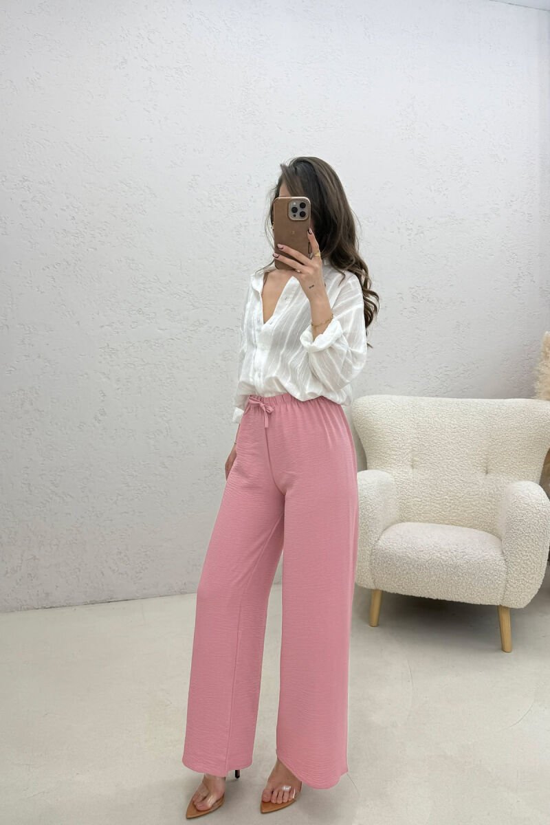 ONE COLOR ELASTIC WAIST LACING WOMAN TROUSERS POWDER/PUDER - 3