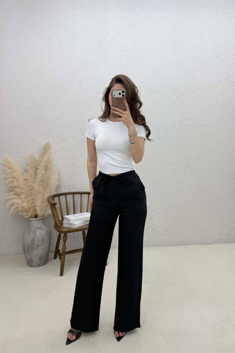 ONE COLOR ELASTIC WAIST LEO PRINTS WOMAN TROUSERS BLACK/ E ZEZE - KLAUDIO FASHION