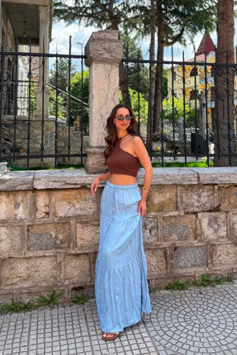 ONE COLOR ELASTIC WAIST LONG WOMAN SKIRT BABY BLUE/BLU BY 