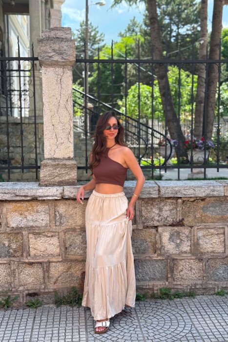 ONE COLOR ELASTIC WAIST LONG WOMAN SKIRT BEIGE/BEZHE - 1