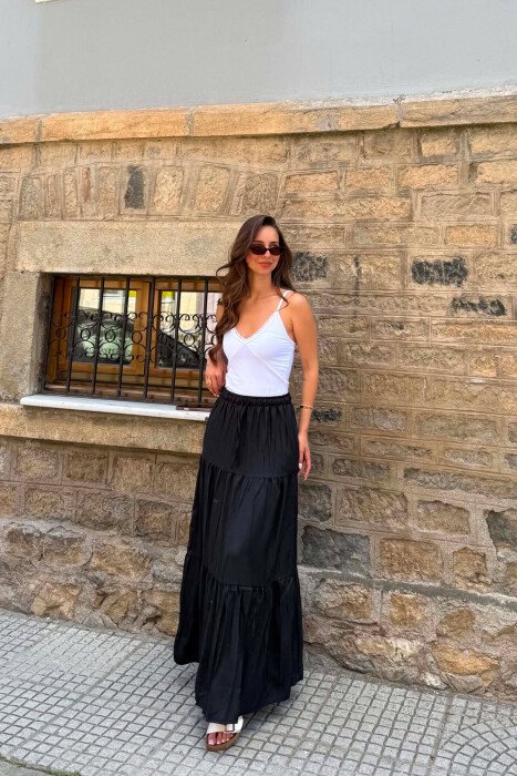 ONE COLOR ELASTIC WAIST LONG WOMAN SKIRT BLACK/ E ZEZE - 3