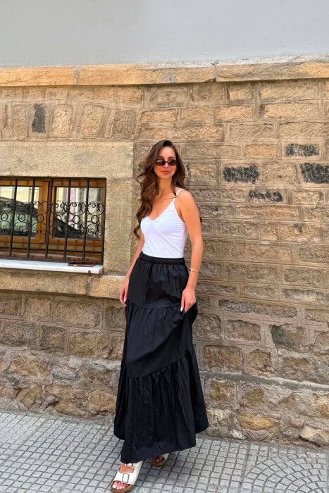 ONE COLOR ELASTIC WAIST LONG WOMAN SKIRT BLACK/ E ZEZE 
