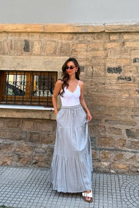 ONE COLOR ELASTIC WAIST LONG WOMAN SKIRT GREY/GRI - 3