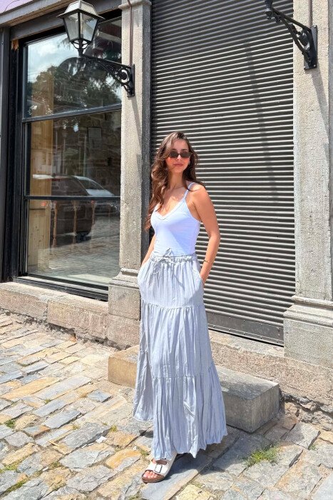 ONE COLOR ELASTIC WAIST LONG WOMAN SKIRT LIGHT GREY/GZ 