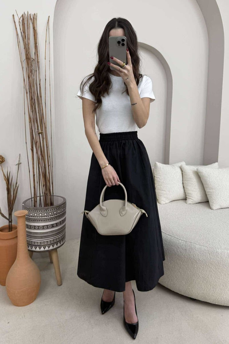 ONE COLOR ELASTIC WAIST LONG WOMEN SKIRT BLACK/ E ZEZE - 3