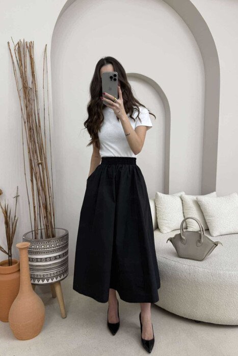 ONE COLOR ELASTIC WAIST LONG WOMEN SKIRT BLACK/ E ZEZE - 4