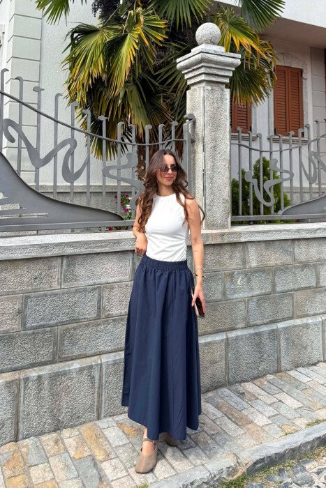 ONE COLOR ELASTIC WAIST LONG WOMEN SKIRT BLUE/BLU - 2