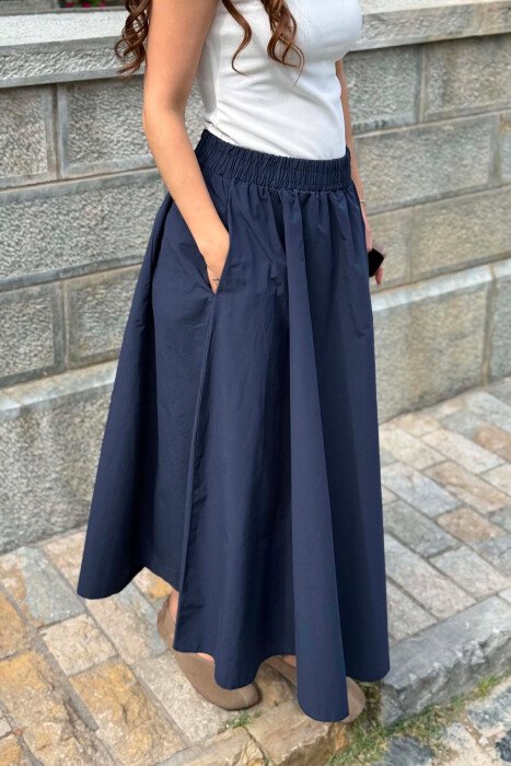 ONE COLOR ELASTIC WAIST LONG WOMEN SKIRT BLUE/BLU - 4