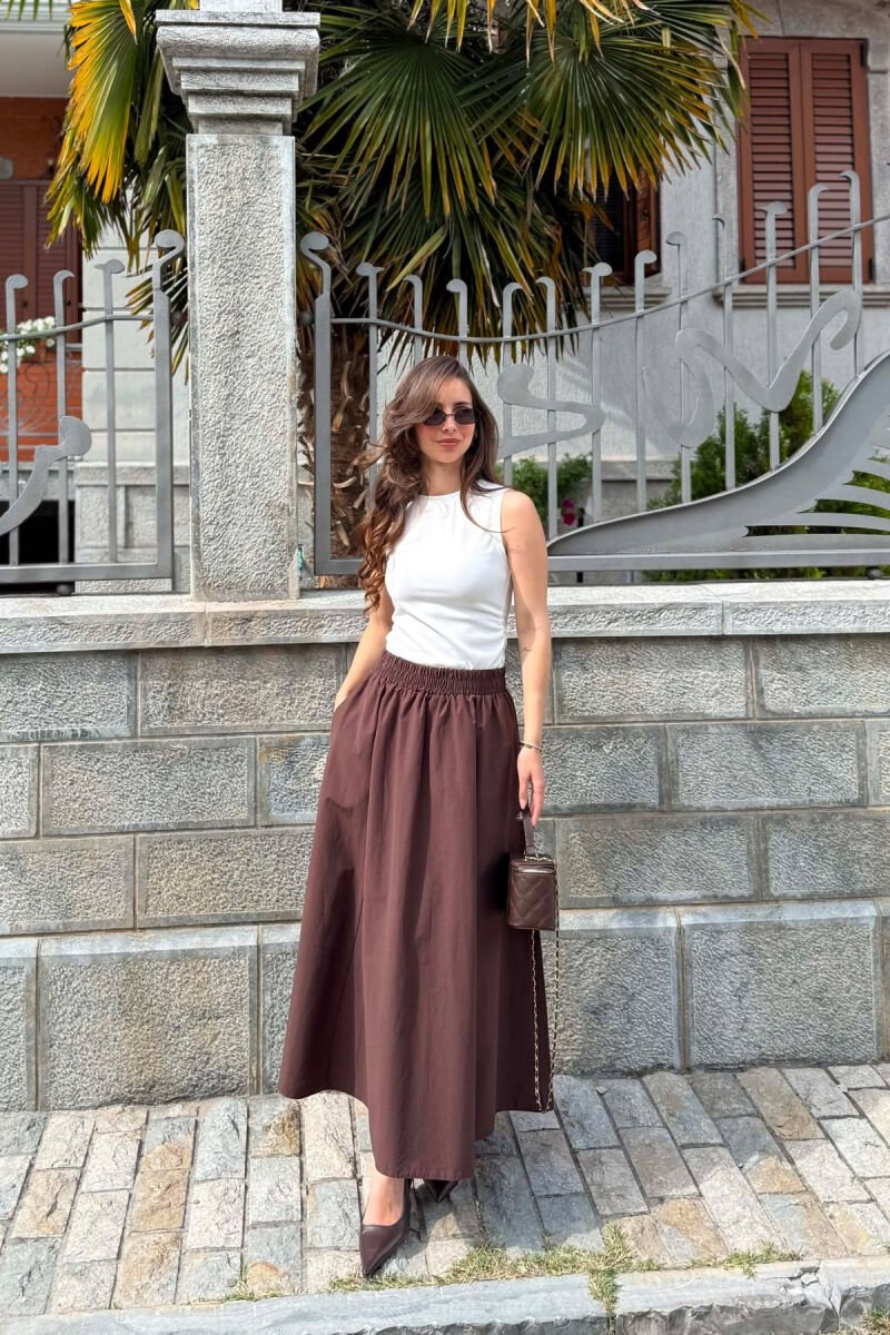 ONE COLOR ELASTIC WAIST LONG WOMEN SKIRT BROWN/KAFE - 2