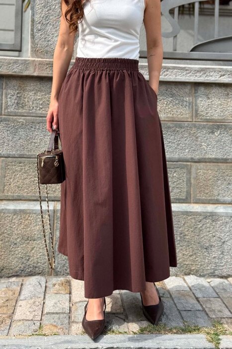 ONE COLOR ELASTIC WAIST LONG WOMEN SKIRT BROWN/KAFE - 3