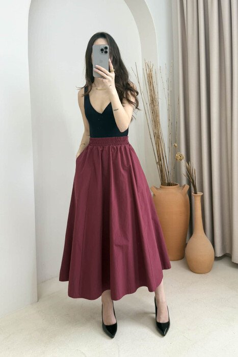 ONE COLOR ELASTIC WAIST LONG WOMEN SKIRT BURGUNDY/VISHNJE - 3